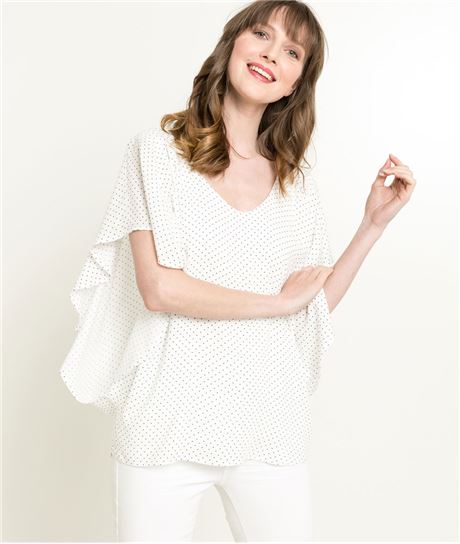 T-shirt femme volanté à pois ECRU