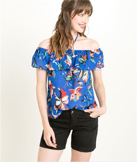Top femme Bardot et lacet bleu fluide BLEU