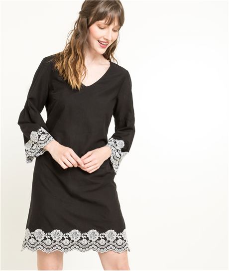 Robe femme brodée noir et blanc NOIR