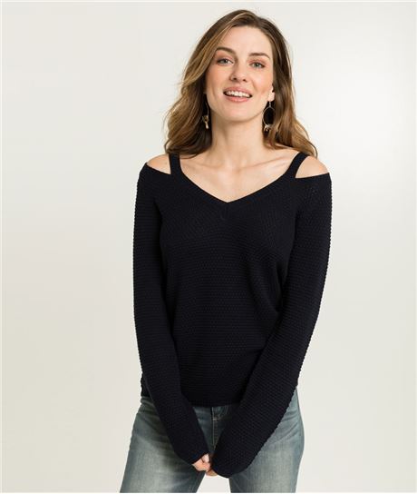 Pull femme tricot ouvert aux épaules MARINE
