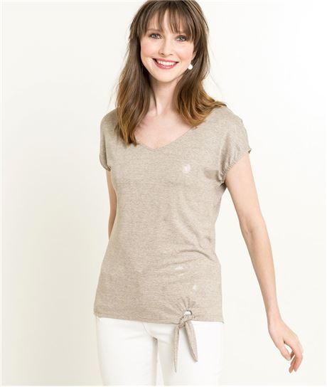 T-shirt femme col V et noeud BEIGE