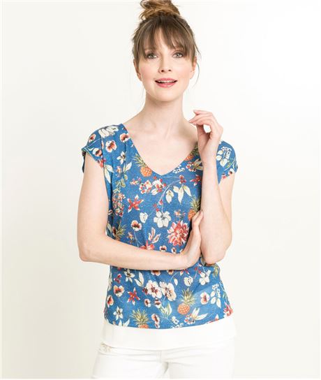 T-shirt femme fleuri et noeud BLEU