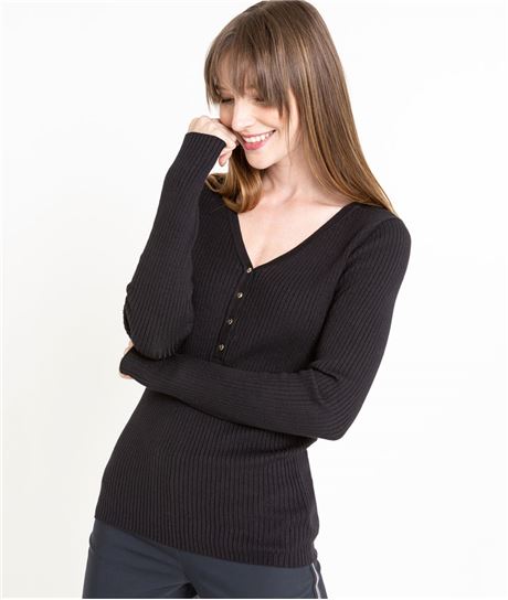 Pull femme fin noir col V NOIR