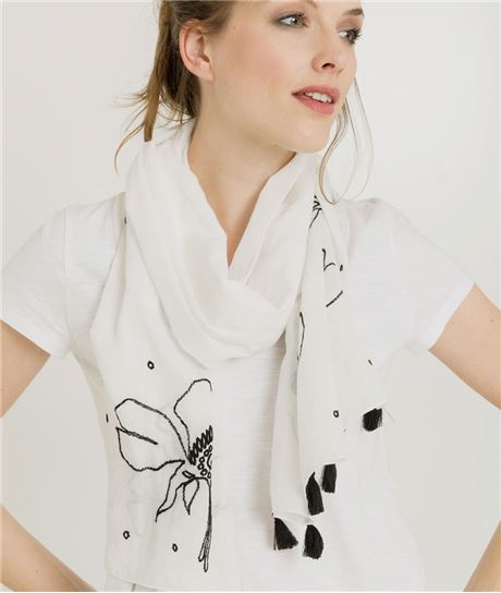 Foulard femme noir et blanc brodé BLANC