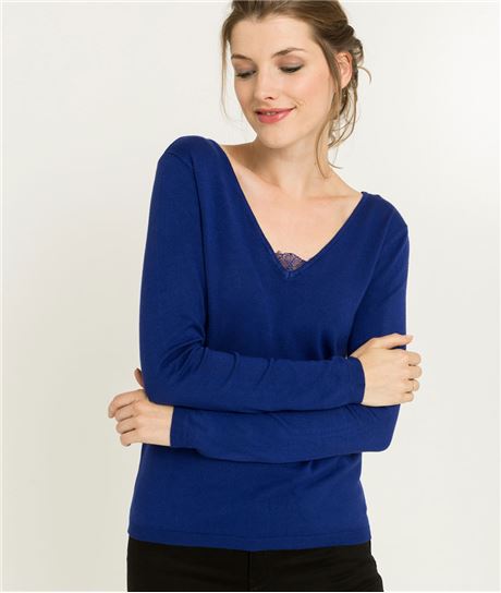 Pull femme bleu avec dentelle BLEU