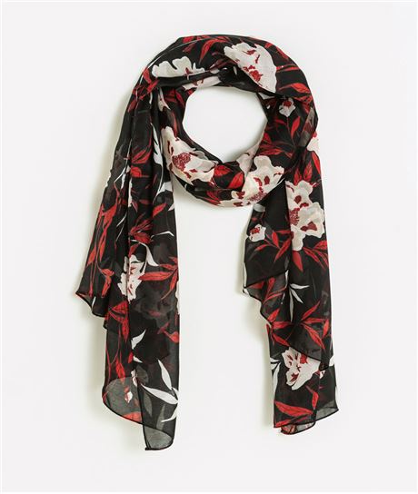 Foulard imprimé fleurs et feuilles NOIR