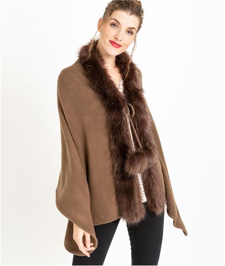 Poncho femme avec fourrure MARRON
