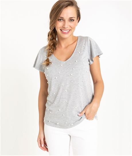 T-shirt femme gris avec perles blanches GRIS