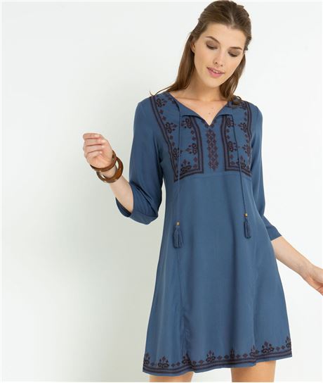 Robe femme bleue brodée BLEU