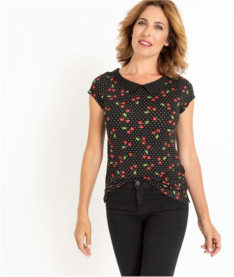T-shirt femme imprimé cerises NOIR