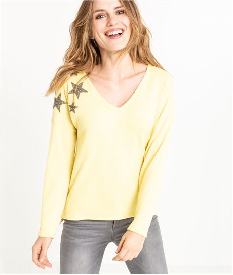 Pull femme jaune avec étoiles JAUNE