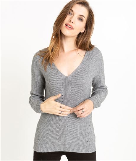 Pull femme en tricot décolleté V GRIS