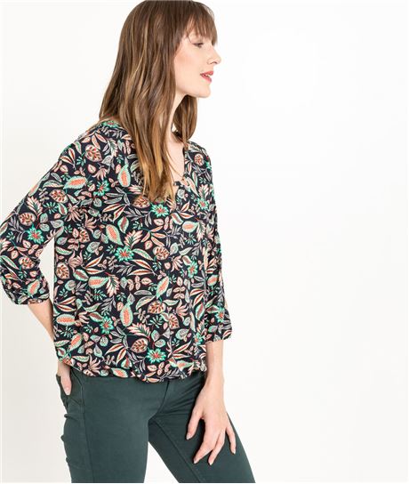 T-shirt femme imprimé tropical MARINE