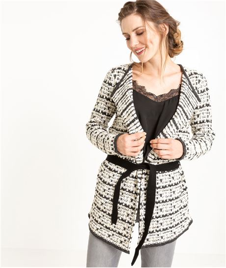 Gilet femme ceinturé maille fantaisie ECRU