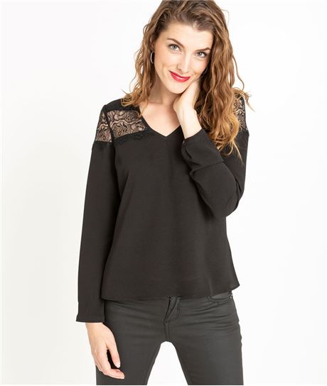 Blouse femme noire avec détails dentelle NOIR