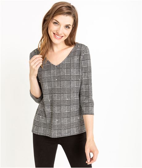 T-shirt femme manches 3/4 à carreaux NOIR
