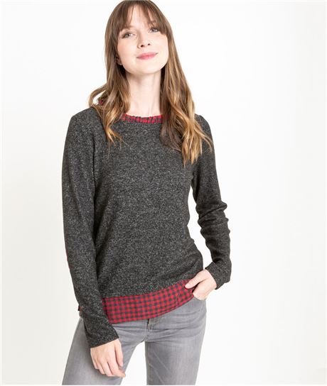 T-shirt femme avec chemise à carreaux GRIS FONCE