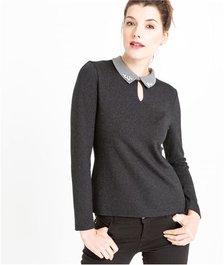 T-shirt femme col chemise NOIR