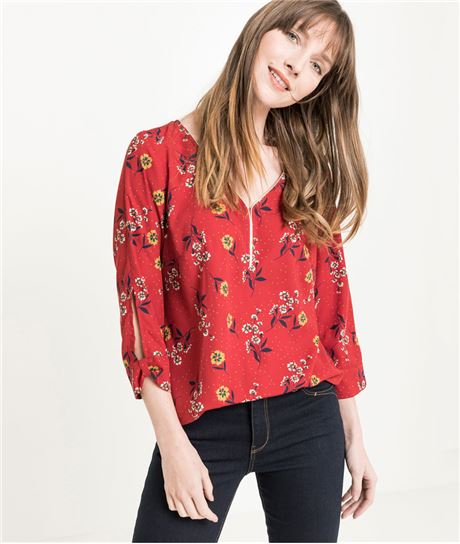 Blouse femme rouge imprimé fleuri ROUGE