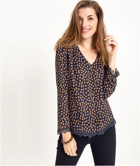 Blouse femme à pois et broderies MARINE