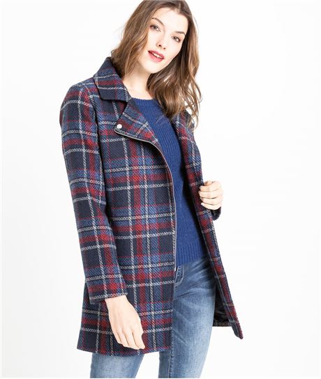 Manteau femme en lainage à carreaux BLEU