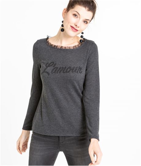 T-shirt femme à message manches longues GRIS
