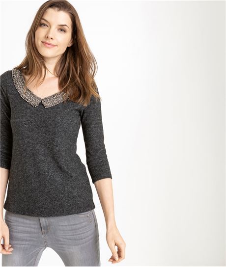 T-shirt femme manches 3/4 et col perlé GRIS FONCE