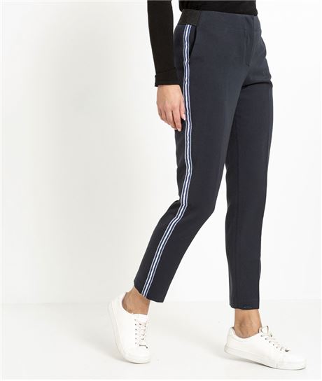 Pantalon femme droit avec bandes rayées MARINE