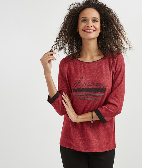 T-shirt femme manches 3/4 à message FUCHSIA