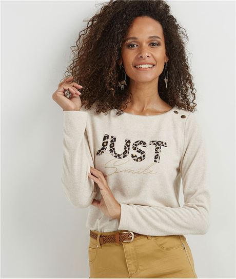 T-shirt manches longues message léopard BEIGE