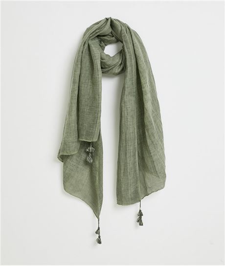 Foulard femme kaki ajouré avec pompons KAKI