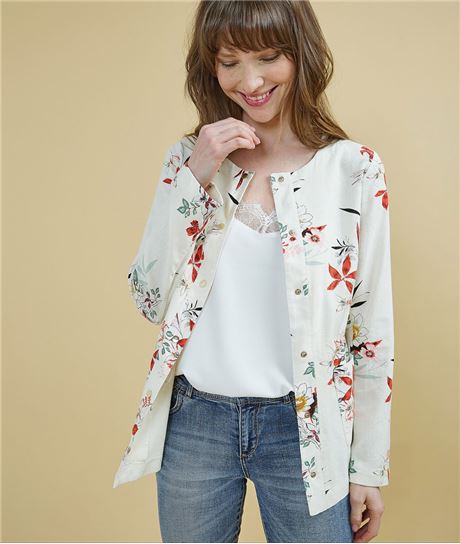 Saharienne femme imprimé fleuri avec lin ECRU