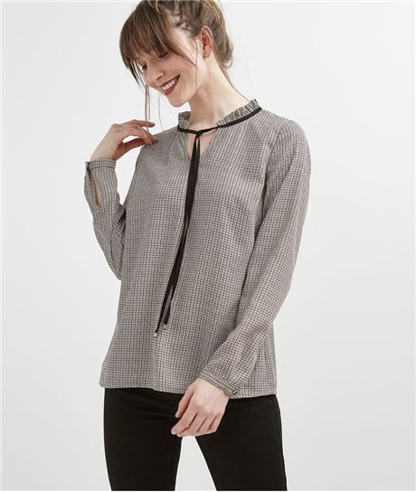 Blouse femme pied de coq avec laçage IMPRIME