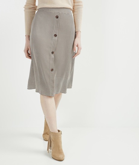 Jupe femme mi-longue imprimé pied de coq IMPRIME FOND BEIGE