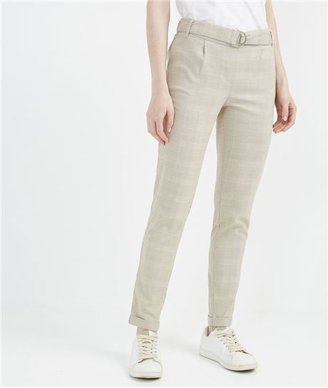 Pantalon femme à carreaux élastiqué BEIGE