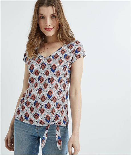 T-shirt imprimé avec noeud ECRU