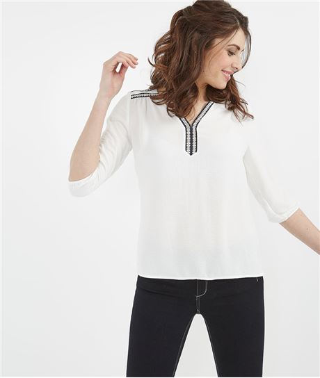 Blouse femme avec galons col et épaules ECRU