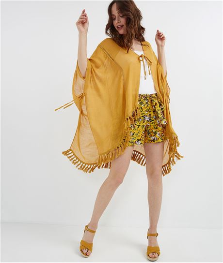 Poncho d'été à pompons JAUNE