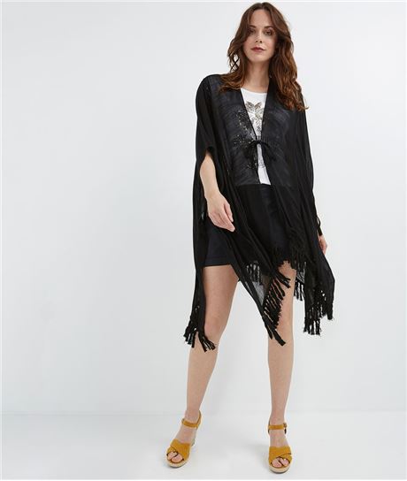 Poncho d'été à pompons NOIR
