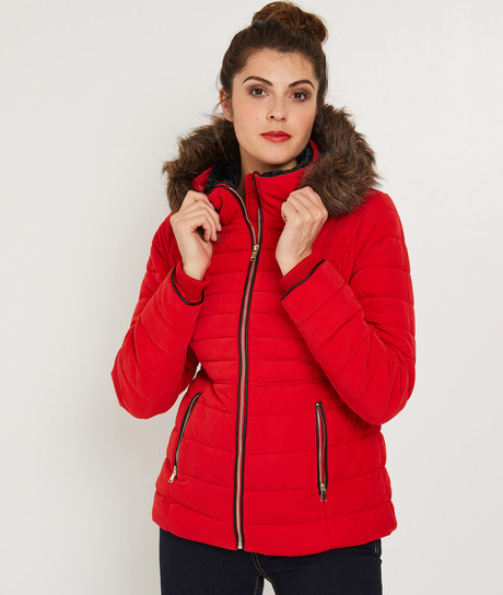 Doudoune à capuche avec fausse fourrure ROUGE
