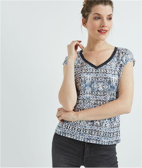 T-shirt femme imprimé bleu ECRU