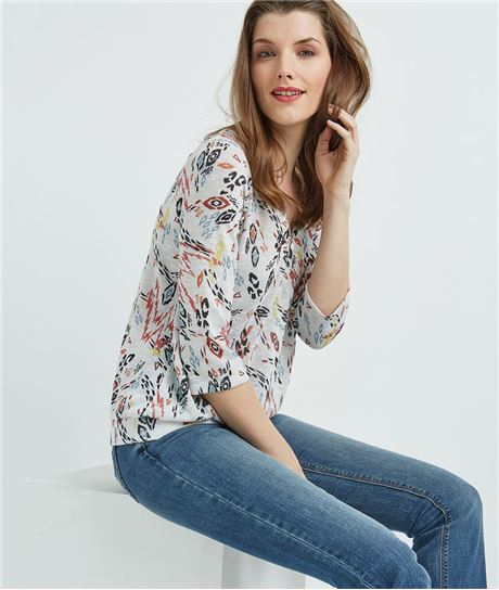 Pull femme imprimé décolleté zippé ECRU