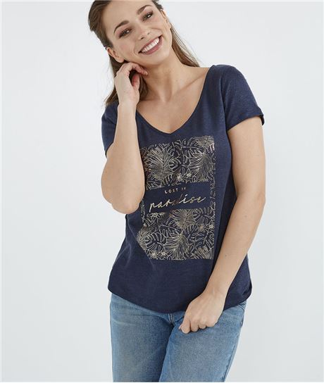 T-shirt femme 100% lin imprimé tropical MARINE