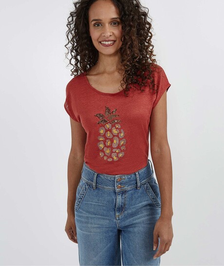 T-shirt femme 100% lin imprimé ananas TERRACOTTA