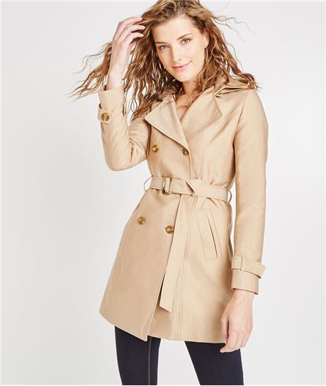 Trench uni mi-long avec capuche BEIGE