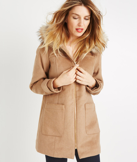 Manteau à capuche imitation fourrure CARAMEL
