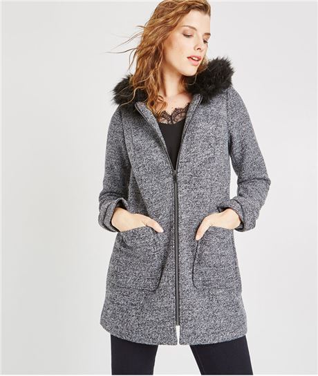 Manteau à capuche imitation fourrure GRIS