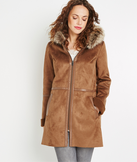 Manteau à capuche effet peau lainée MARRON