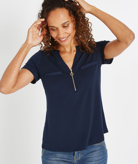 T-shirt uni avec décolleté zippé MARINE