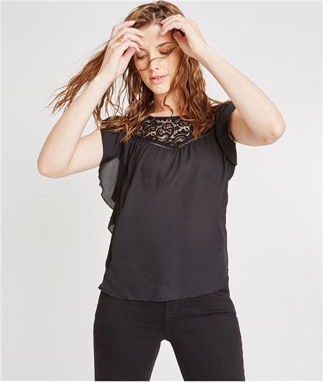 Blouse volantée avec dentelle NOIR